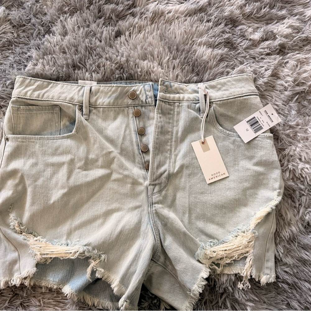 Good American Light Wash Distressed Jean Shorts